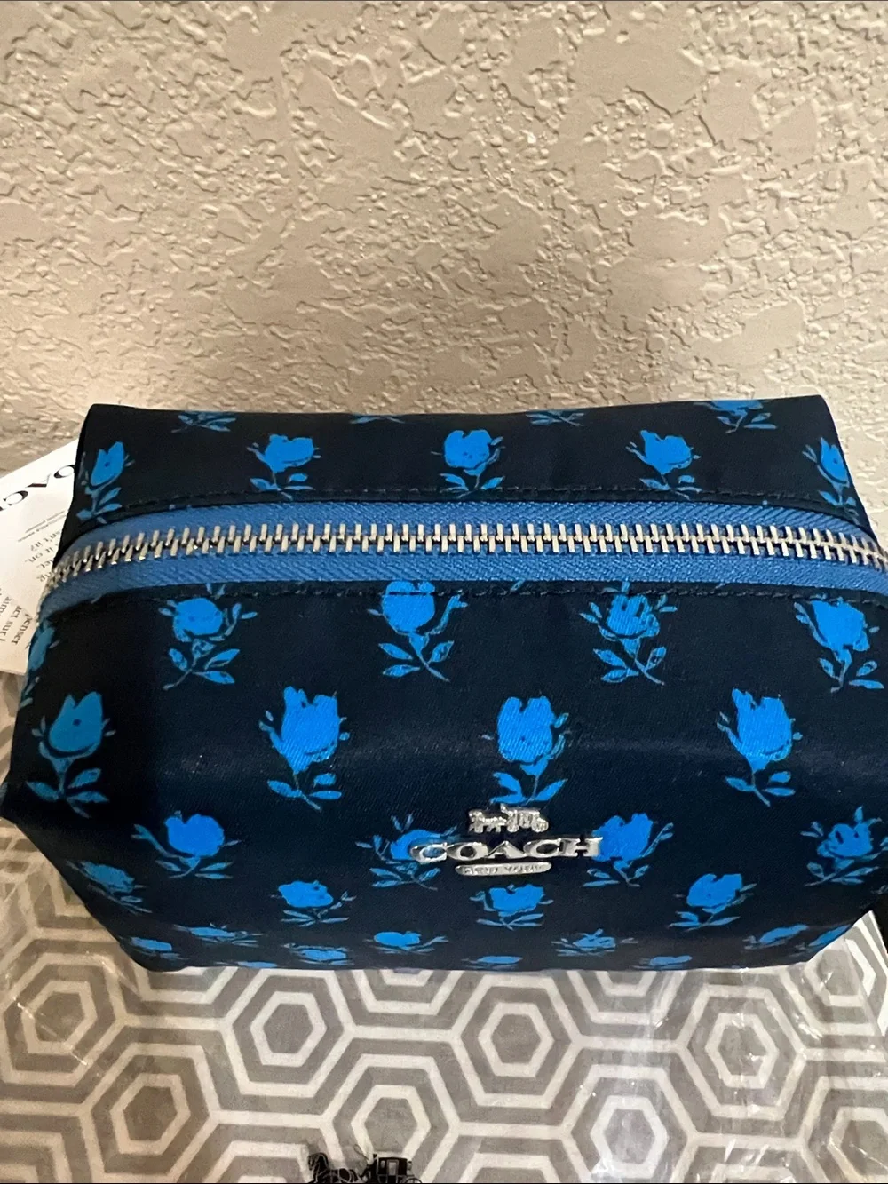 Coach Navy Cosmetic Pouch with Bright Blue Rose Print